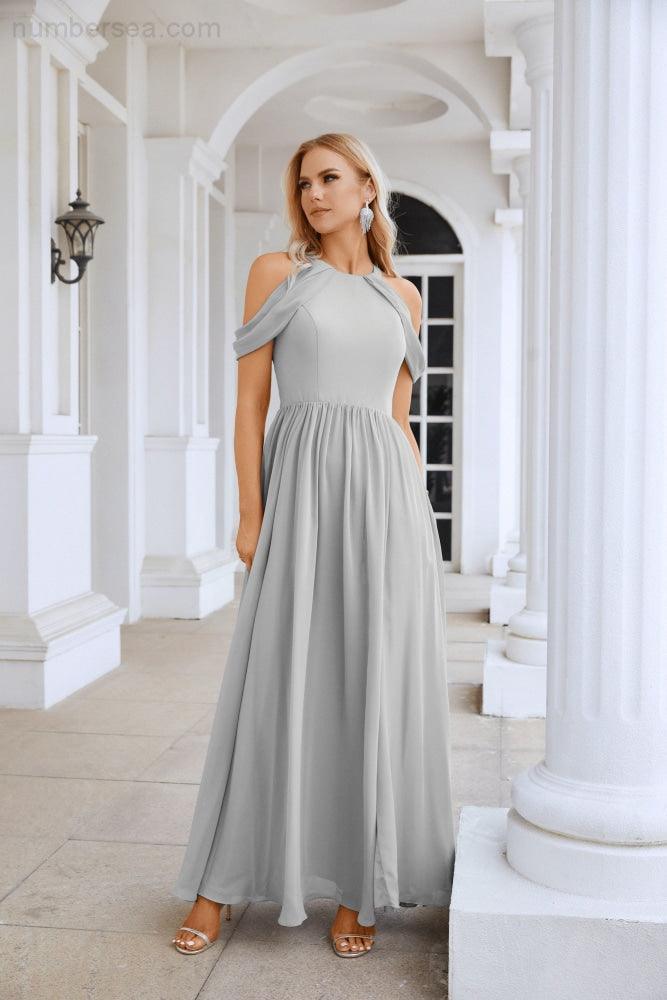 Abito da sera da damigella in chiffon con spalle scoperte, maniche a campana e spacco frontale, abito da festa nuziale 28117