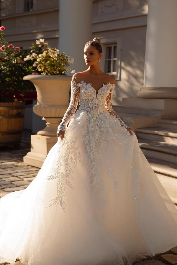 Bmbridal Off The Shoulder Lace Ball Gown Wedding Dress With Long Sleeves