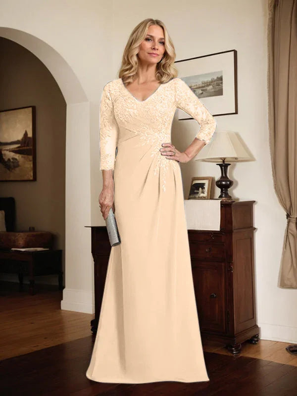 Vestido de madrina de novia con escote en V ilusión, corte columna, largo hasta el suelo, de encaje y gasa con lentejuelas plisadas
