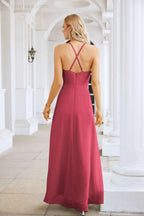 Vestido de Festa Comprido até ao Chão para Damas de Honra, em Chiffon, com Alças Finas, Decote em V e Fenda Frontal, para Baile, Festa e Casamento 28116