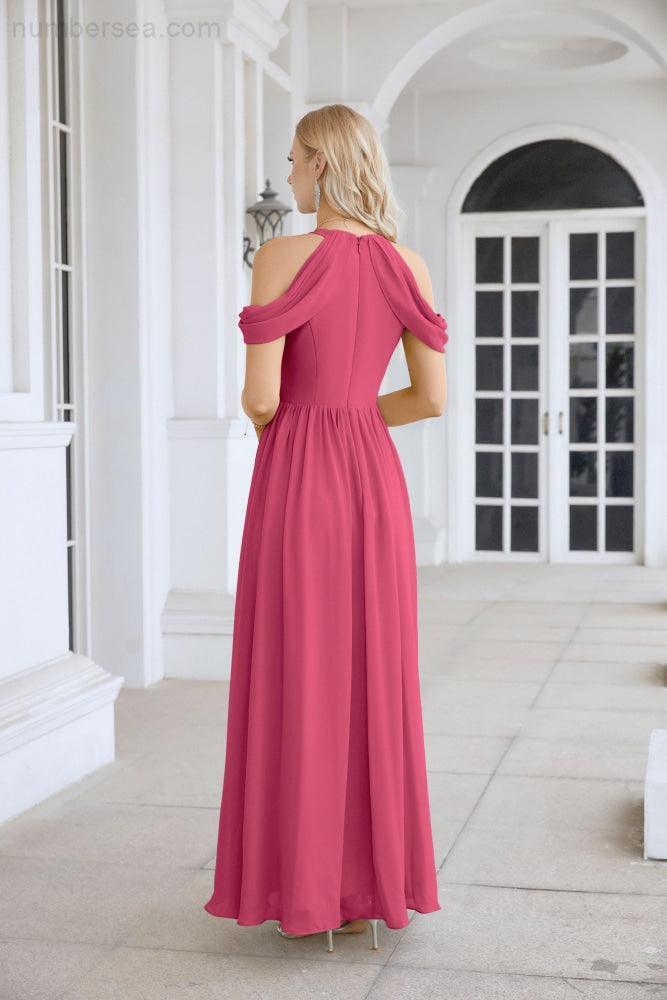 Abito da sera da damigella in chiffon con spalle scoperte, maniche a campana e spacco frontale, abito da festa nuziale 28117