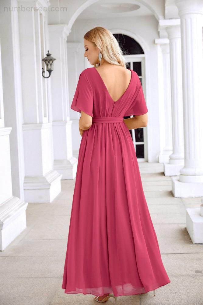 Robe de soirée longue jusqu'au sol pour demoiselle d'honneur, manches en mousseline, encolure ronde, fente avant, pour mariage et fête 28124