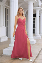 Vestido de Festa Comprido até ao Chão para Damas de Honra, em Chiffon, com Alças Finas, Decote em V e Fenda Frontal, para Baile, Festa e Casamento 28116