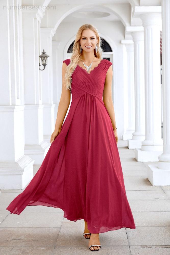 Ladies Chiffon V Neck Sleeveless Floor Length Bridesmaid Evening Dress Wedding Party Evening Dress 28126
