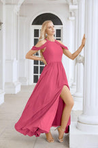 Abito da sera da damigella in chiffon con spalle scoperte, maniche a campana e spacco frontale, abito da festa nuziale 28117