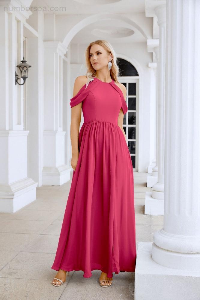 Abito da sera da damigella in chiffon con spalle scoperte, maniche a campana e spacco frontale, abito da festa nuziale 28117