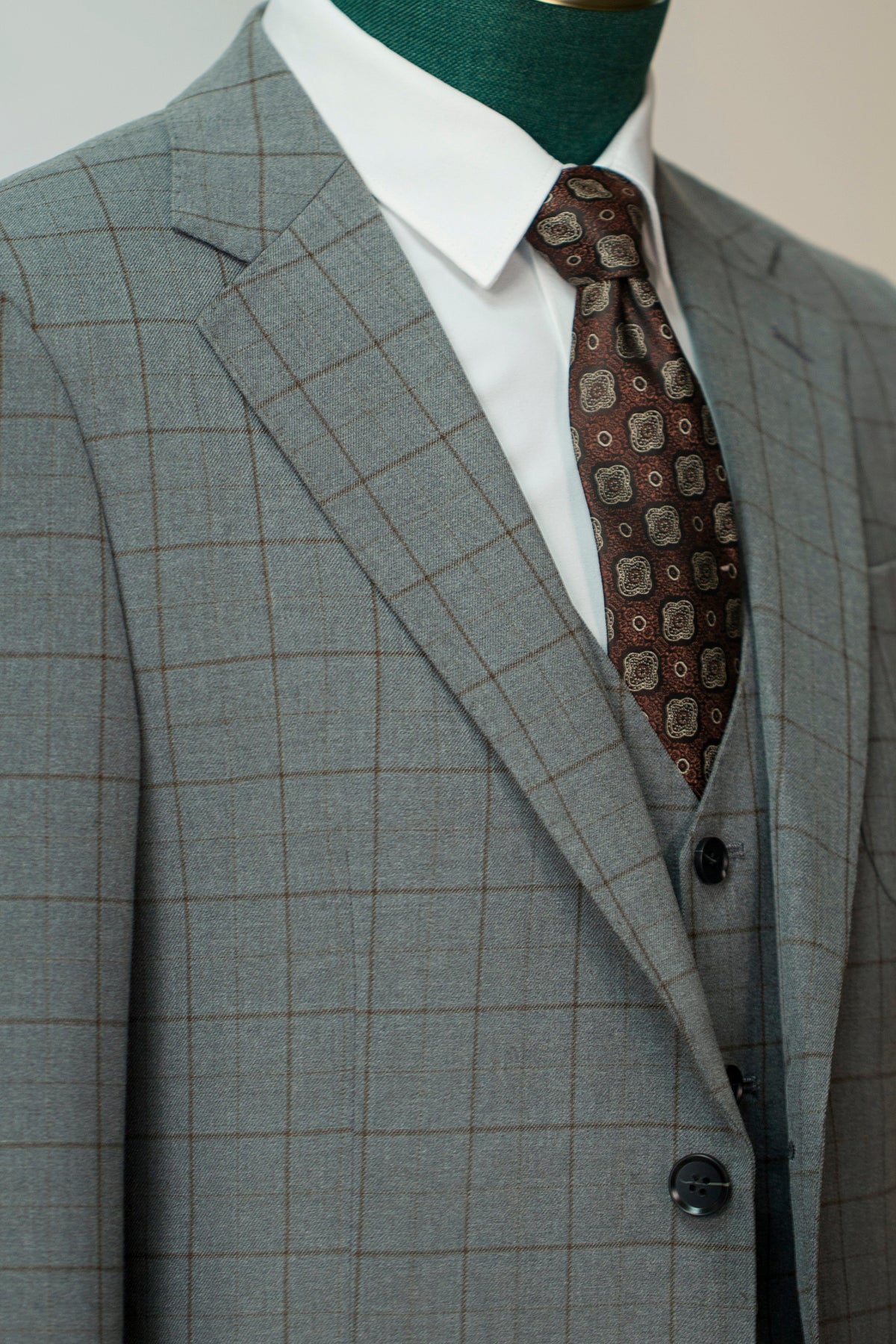 Three Piece Windowpane Wool Suit Tailored Fit for Formal Groom and Business