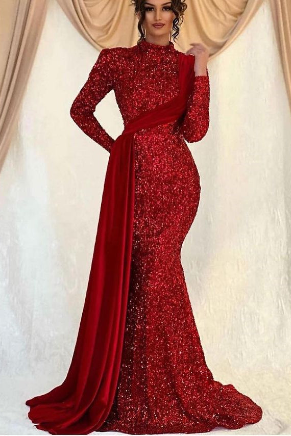 Vestido de Baile com Lantejoulas, Gola Alta, Mangas Compridas, Estilo Sereia e Folhos
