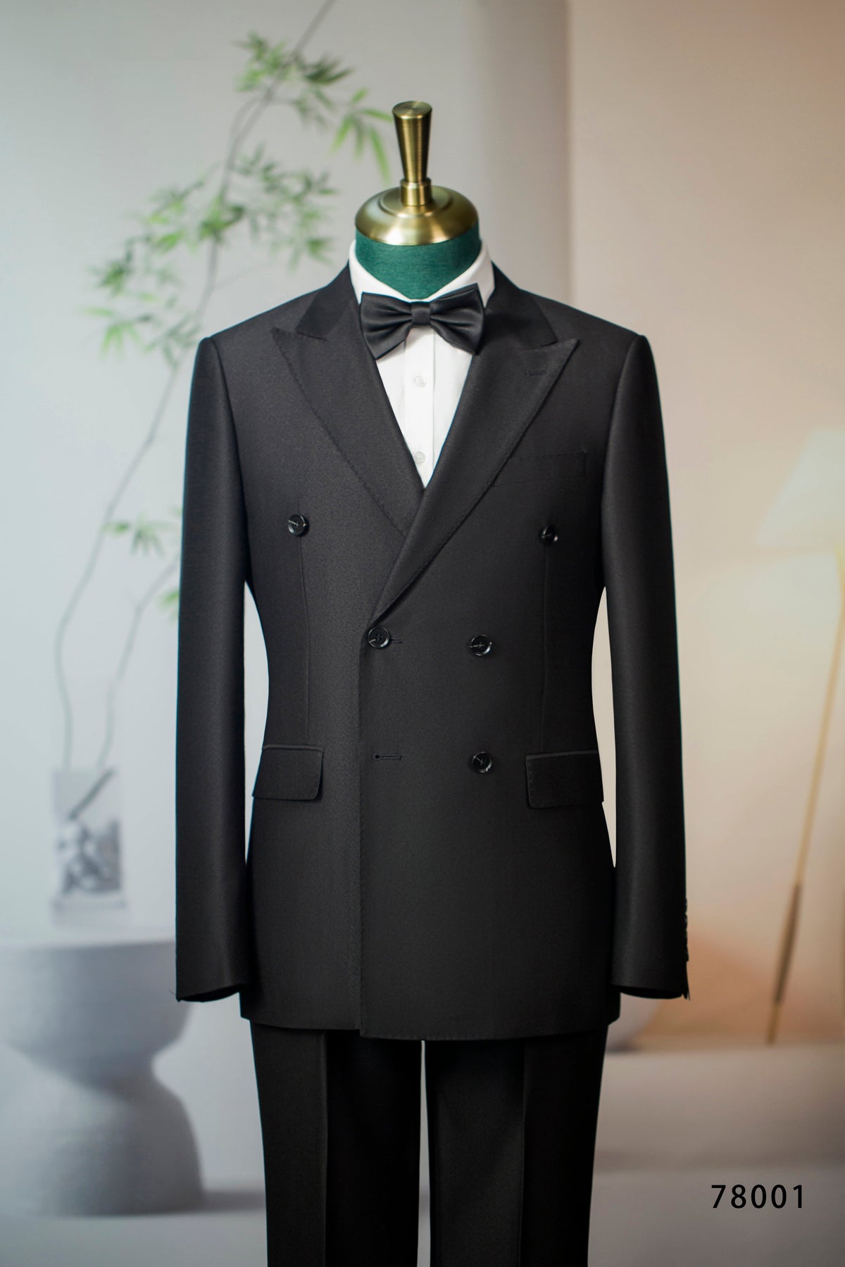 Double Breasted Black Wool Tuxedo Peak Lapels Six Button Classic Tailored Groom