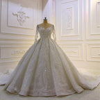Chic Beading Lace Appliques Ball Gown Wedding Dress With Church Train Sleeves