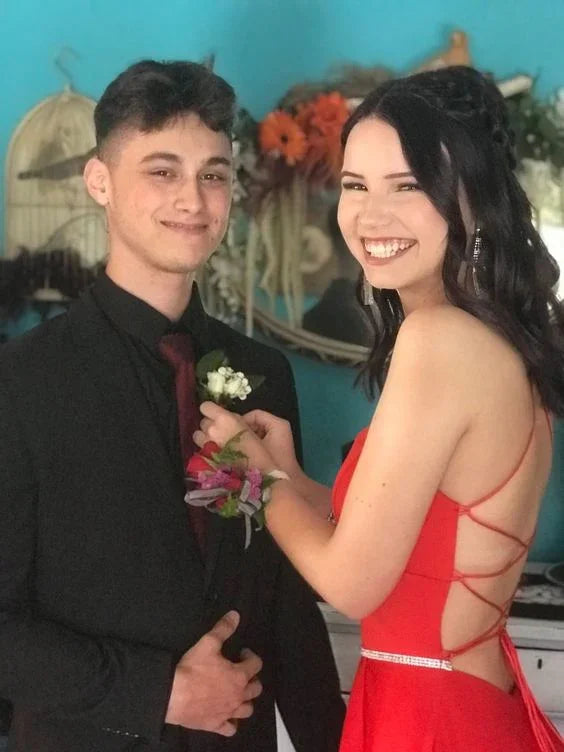 Vestido de Baile Simples Vermelho em Linha A com Costas Atadas Vestido de Noite Y6547