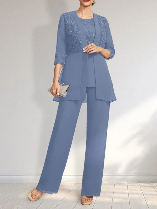 Tuta/Pantaloni Separati con Scollo a U, Lunghezza a Terra, in Chiffon e Pizzo, Abito per Madre della Sposa con Paillettes