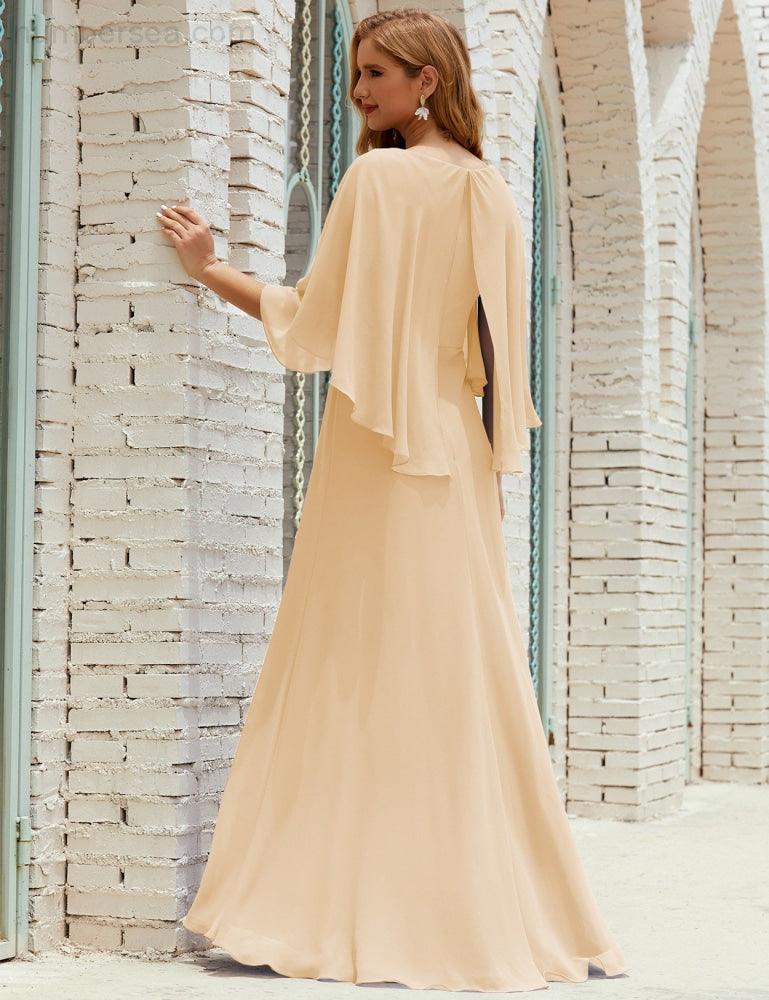 Bridesmaid Dress Women Long Sleeve V-Neck Chiffon Formal Wedding Party Dress 28018