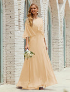 Bridesmaid Dress Women Long Sleeve V-Neck Chiffon Formal Wedding Party Dress 28018