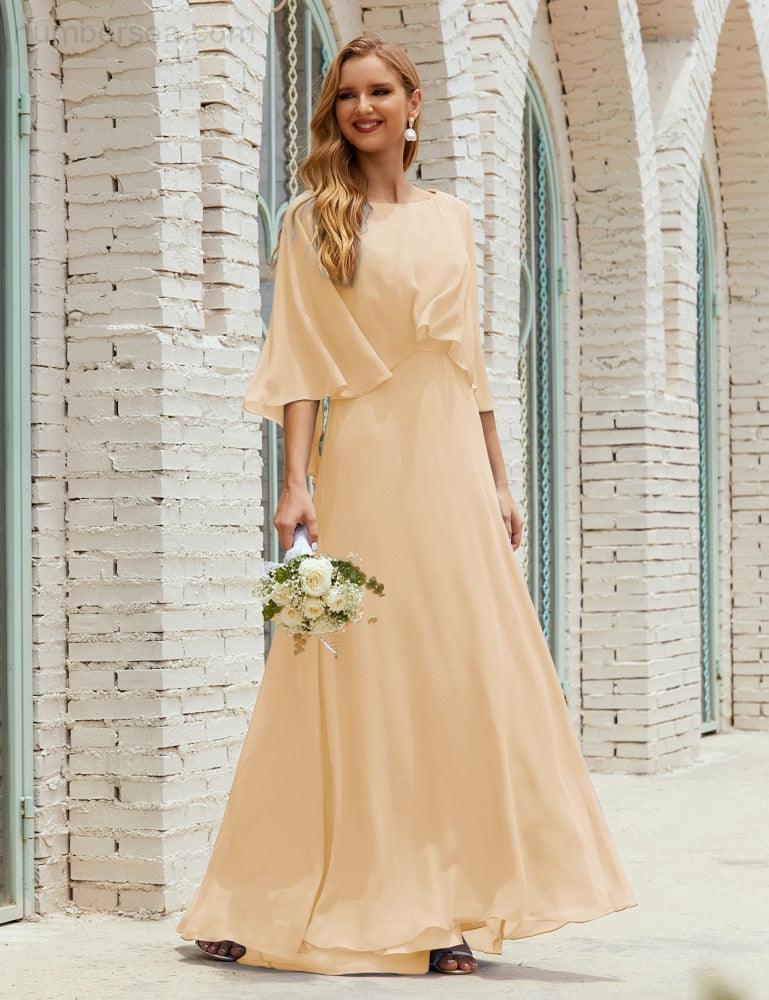 Bridesmaid Dress Women Long Sleeve V-Neck Chiffon Formal Wedding Party Dress 28018
