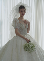 Regal Kleid mit Puffärmeln, Kristallkugel-Design, Hochzeitskleid mit übergroßer Rückenschleife und Kathedralenschleppe