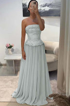 Chic Strapless Sleeveless Long Pleated Beaded Custom Prom Dress
