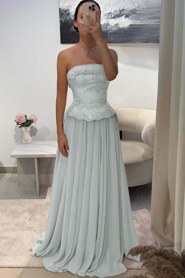 Chic Strapless Sleeveless Long Pleated Beaded Custom Prom Dress