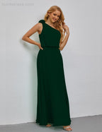 Ruffled One Shoulder Sleeveless Long Bridesmaid Dresses A-line Formal Evening Gown Side Split 28080