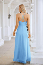 Vestido de Festa Comprido até ao Chão para Damas de Honra, em Chiffon, com Alças Finas, Decote em V e Fenda Frontal, para Baile, Festa e Casamento 28116