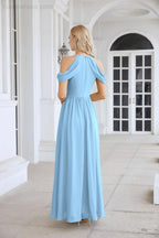 Abito da sera da damigella in chiffon con spalle scoperte, maniche a campana e spacco frontale, abito da festa nuziale 28117
