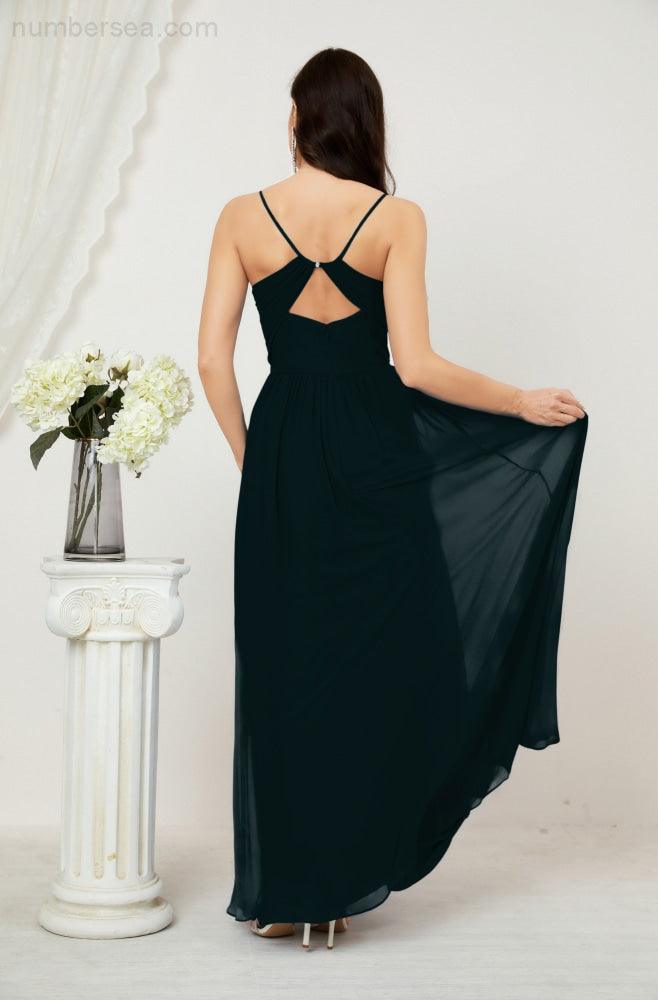 Neck Bridesmaid Dresses Chiffon Long Spaghetti A-line Formal Prom Gown for Wedding Party Evening 2801