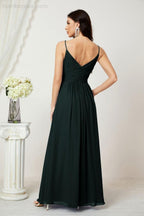 Chiffon V-Neck Bridesmaid Dress Spaghetti Strap Long Formal Party Prom Gowns with Slit 28010