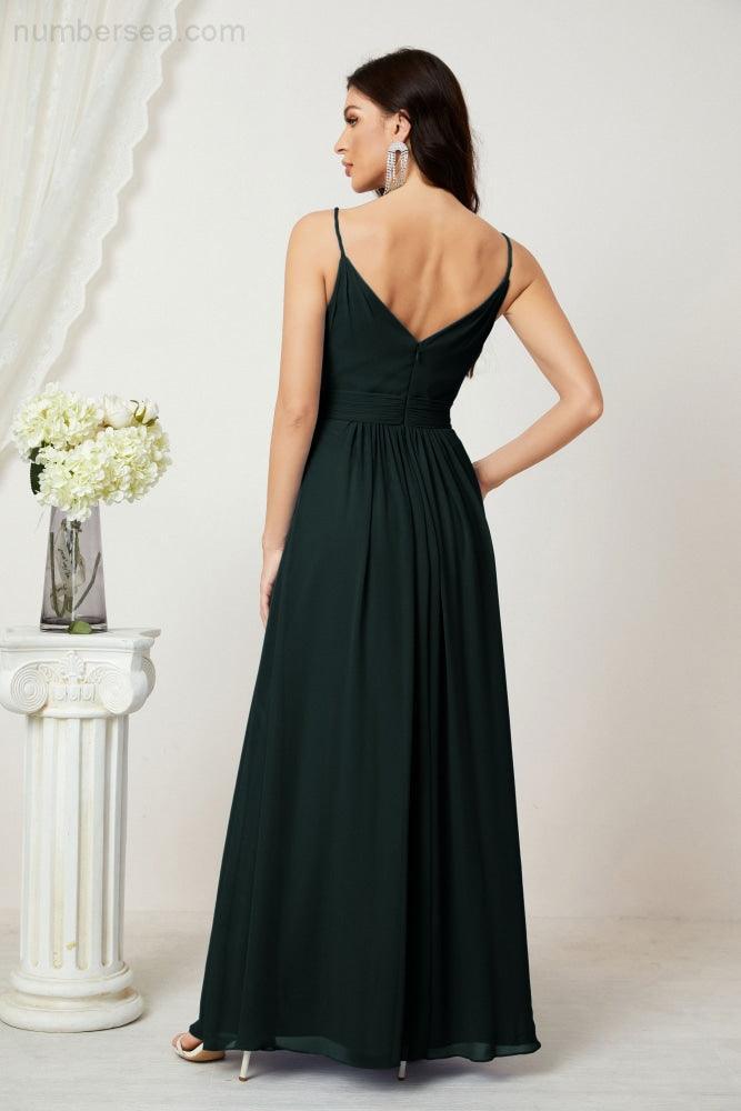 Chiffon V-Neck Bridesmaid Dress Spaghetti Strap Long Formal Party Prom Gowns with Slit 28010