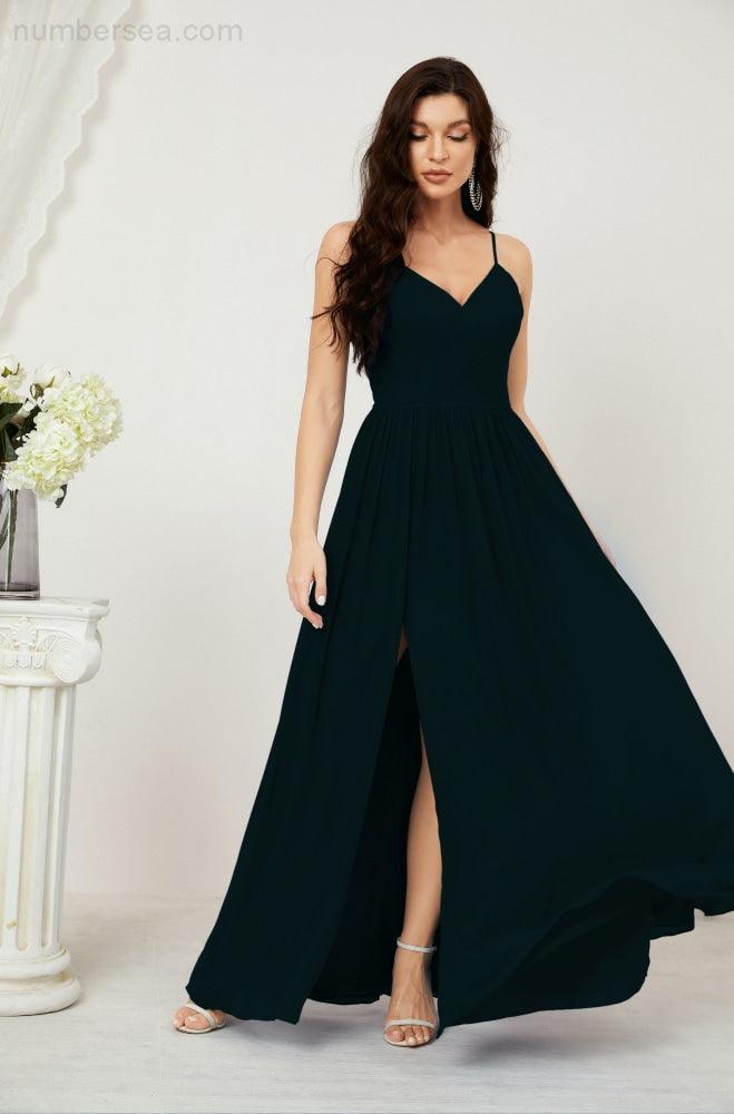 Neck Bridesmaid Dresses Chiffon Long Spaghetti A-line Formal Prom Gown for Wedding Party Evening 2801