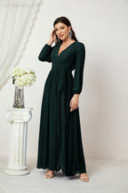 Evening Dresses Deep V-Neck Chiffon Bridesmaid Dresses Long Bishop Sleeve Side Split Formal Dress 2806