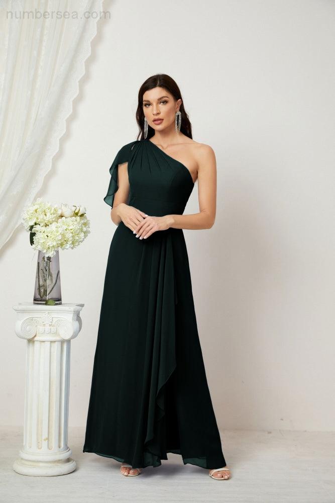 Chiffon Ruffled One Shoulder Long Bridesmaid Dresses A-line Formal Evening Gown Side Split 2809