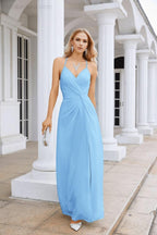 Vestido de Festa Comprido até ao Chão para Damas de Honra, em Chiffon, com Alças Finas, Decote em V e Fenda Frontal, para Baile, Festa e Casamento 28116