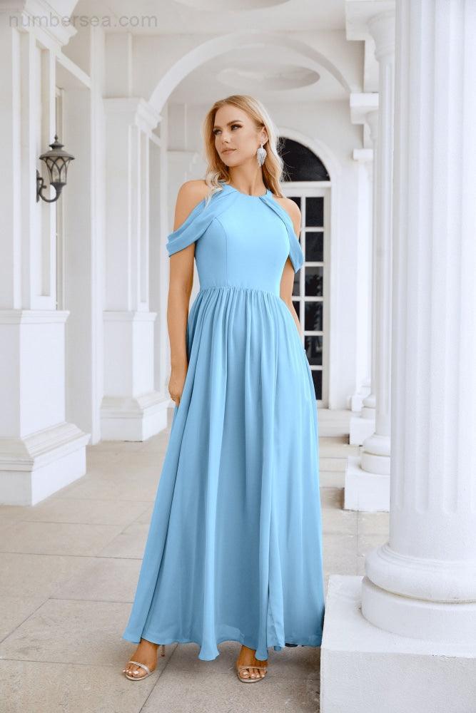 Abito da sera da damigella in chiffon con spalle scoperte, maniche a campana e spacco frontale, abito da festa nuziale 28117
