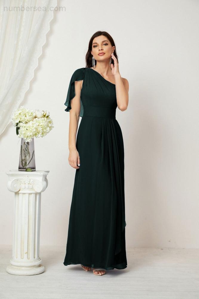 Chiffon Ruffled One Shoulder Long Bridesmaid Dresses A-line Formal Evening Gown Side Split 2809