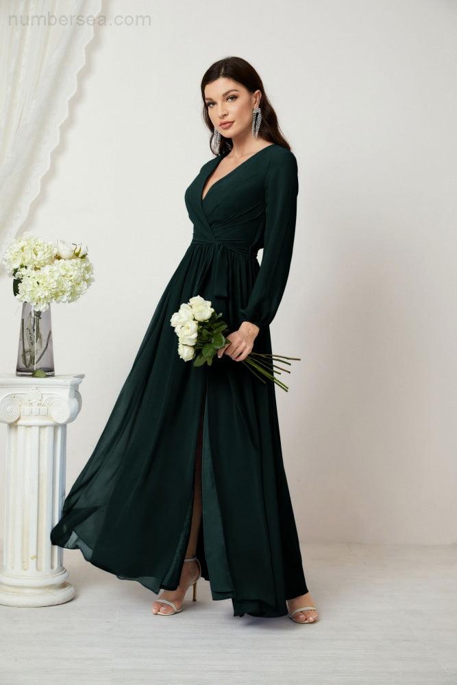 Evening Dresses Deep V-Neck Chiffon Bridesmaid Dresses Long Bishop Sleeve Side Split Formal Dress 2806