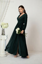 Evening Dresses Deep V-Neck Chiffon Bridesmaid Dresses Long Bishop Sleeve Side Split Formal Dress 2806