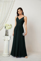 Chiffon V-Neck Bridesmaid Dress Spaghetti Strap Long Formal Party Prom Gowns with Slit 28010
