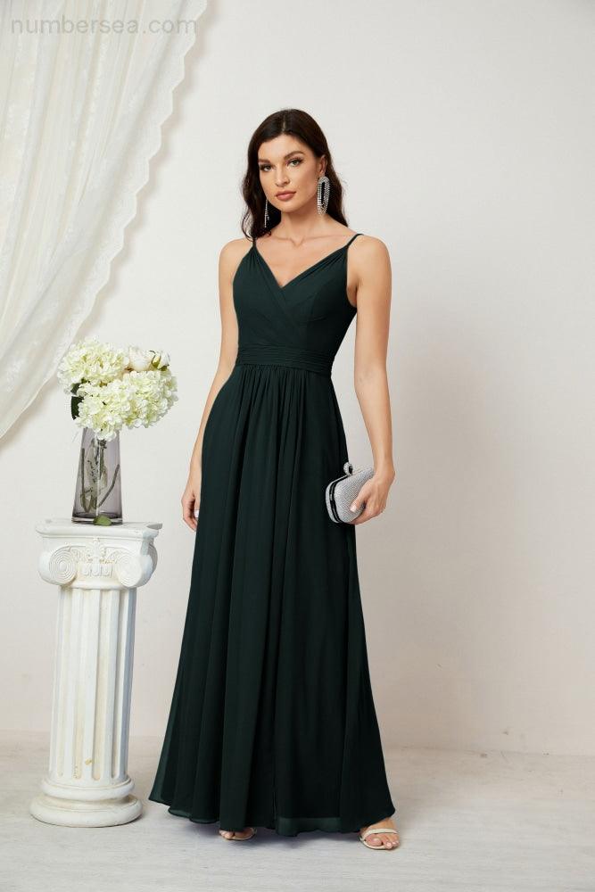 Chiffon V-Neck Bridesmaid Dress Spaghetti Strap Long Formal Party Prom Gowns with Slit 28010