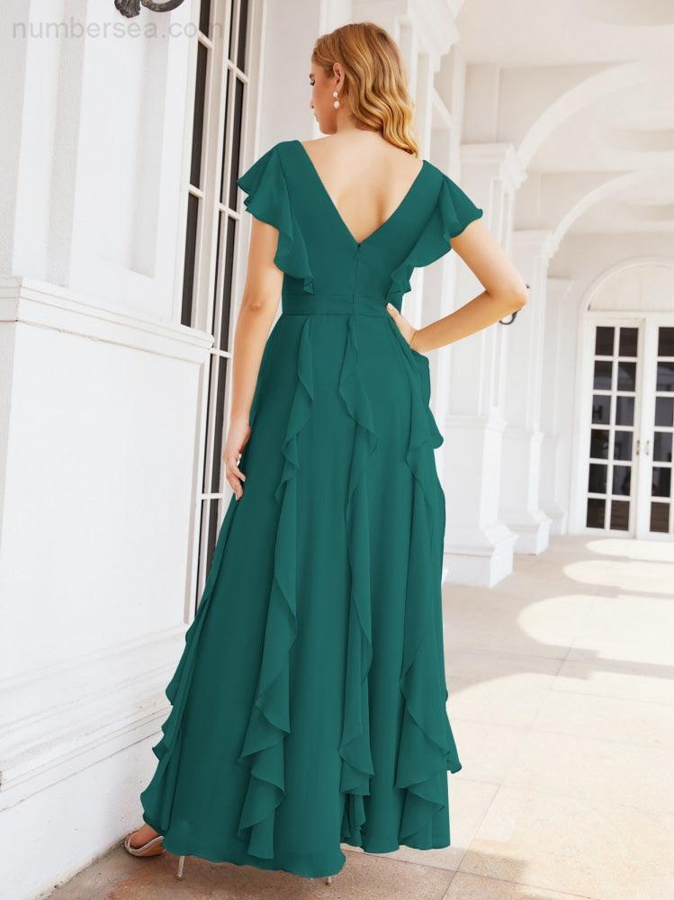 Ruffled Bridesmaid Dresses with Sleeves Long Formal Party Dress 28041