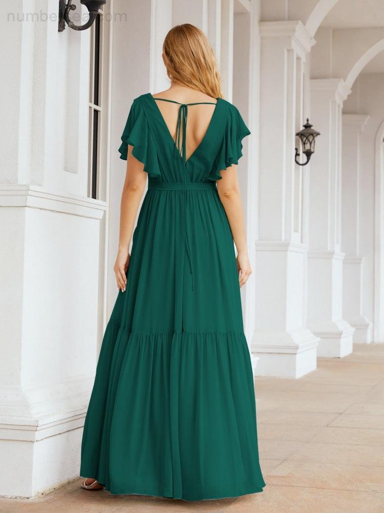 Abiti da sera formali da donna Numbersea con schiena scoperta, scollo a V, lunghi in chiffon, abiti da damigella con cintura in vita 28038