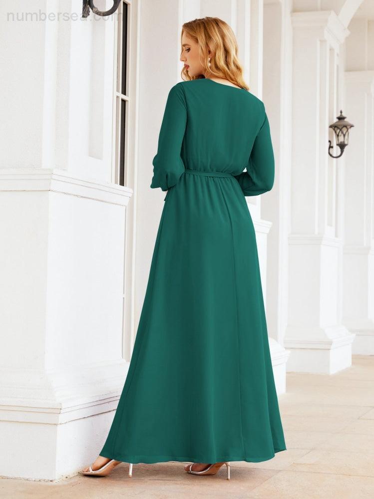 Vestito da damigella d'onore in chiffon da donna Numbersea, linea a trapezio, maniche lunghe, abito lungo formale da sera per ospite di matrimonio 28032