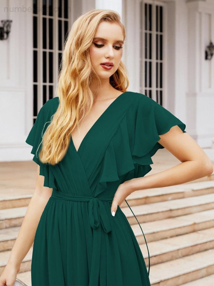 Abiti da sera formali da donna Numbersea con schiena scoperta, scollo a V, lunghi in chiffon, abiti da damigella con cintura in vita 28038