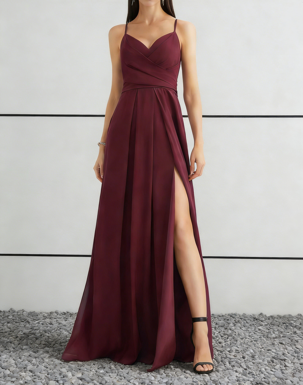 Burgundy Chiffon Sweetheart Neck Maxi Dress with Ruched Bodice & High Slit