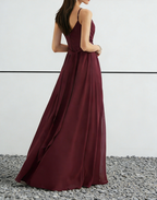 Burgundy Chiffon Sweetheart Neck Maxi Dress with Ruched Bodice & High Slit