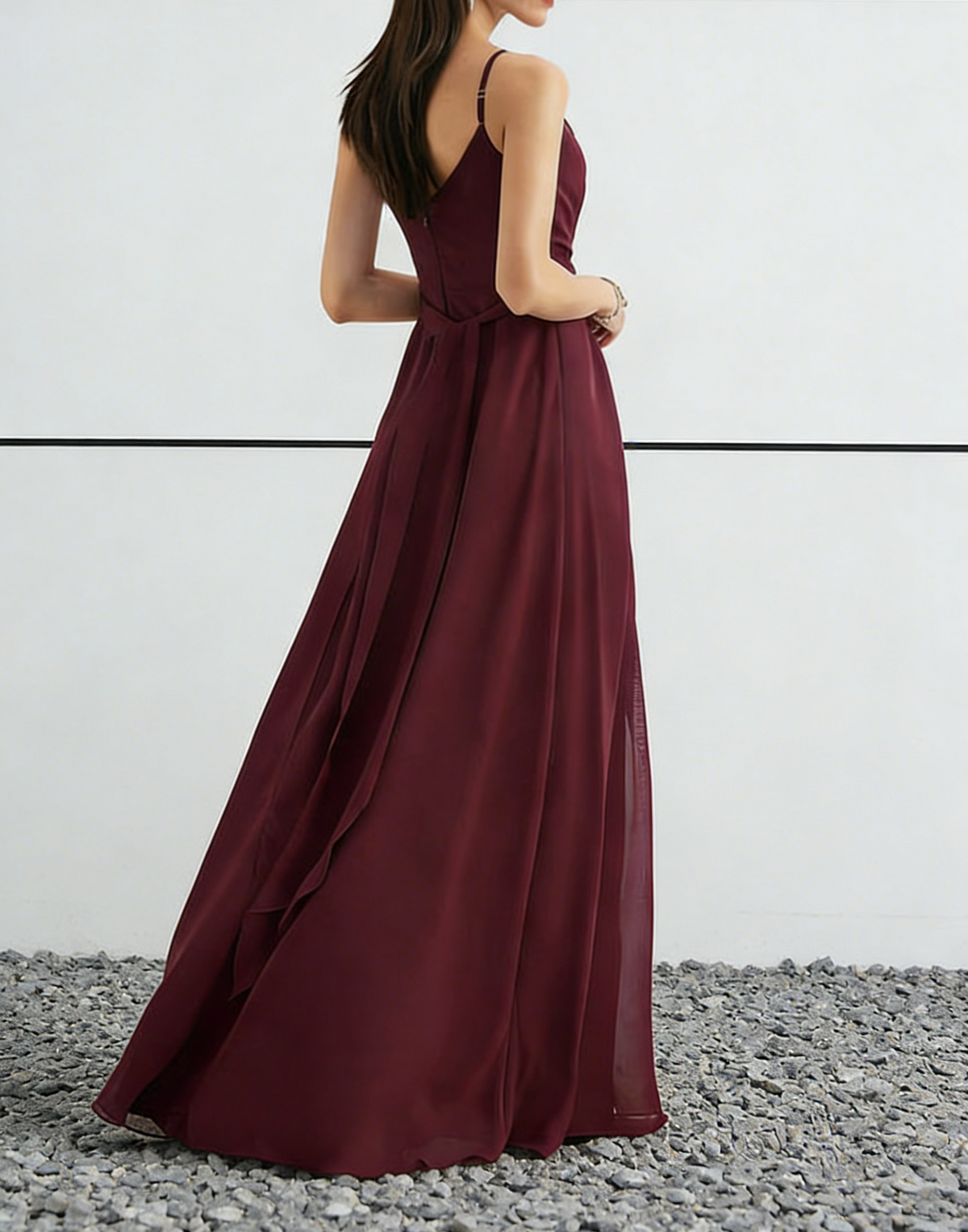 Burgundy Chiffon Sweetheart Neck Maxi Dress with Ruched Bodice & High Slit