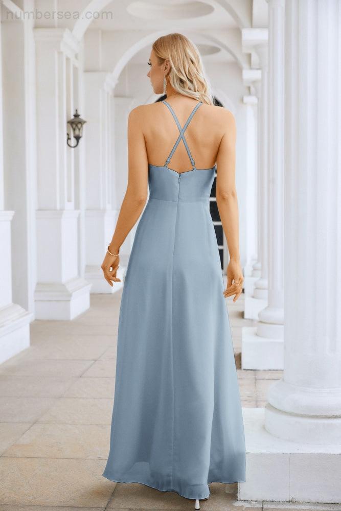 Vestido de Festa Comprido até ao Chão para Damas de Honra, em Chiffon, com Alças Finas, Decote em V e Fenda Frontal, para Baile, Festa e Casamento 28116