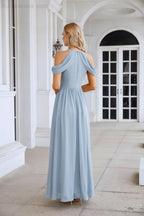Abito da sera da damigella in chiffon con spalle scoperte, maniche a campana e spacco frontale, abito da festa nuziale 28117