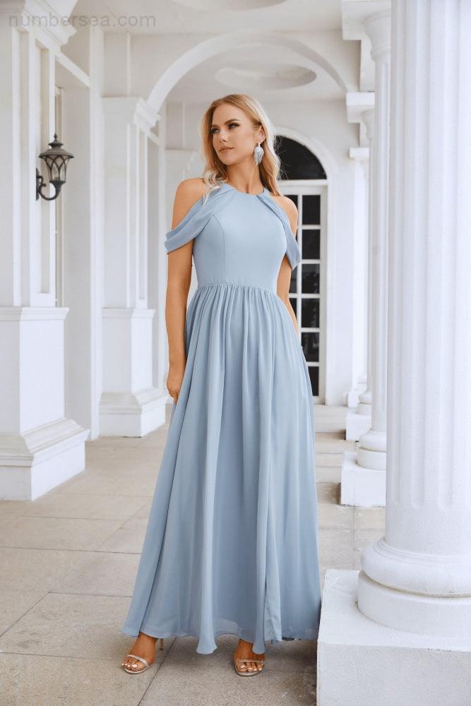 Abito da sera da damigella in chiffon con spalle scoperte, maniche a campana e spacco frontale, abito da festa nuziale 28117
