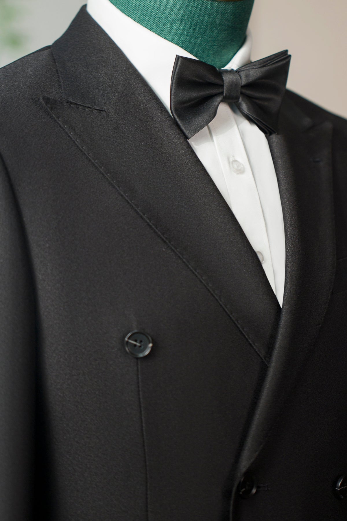 Double Breasted Black Wool Tuxedo Peak Lapels Six Button Classic Tailored Groom