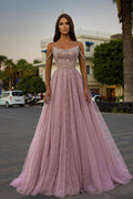 Vestido longo de baile em linha A com alças finas de tule cor-de-rosa e lantejoulas com contas